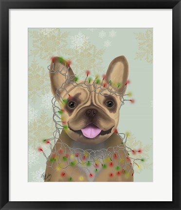 Framed French Bulldog, Christmas Lights 1 Print