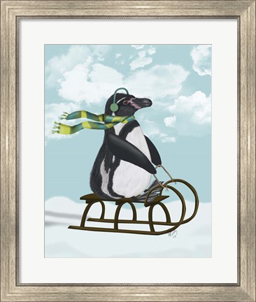 Framed Penguin On Sled Print
