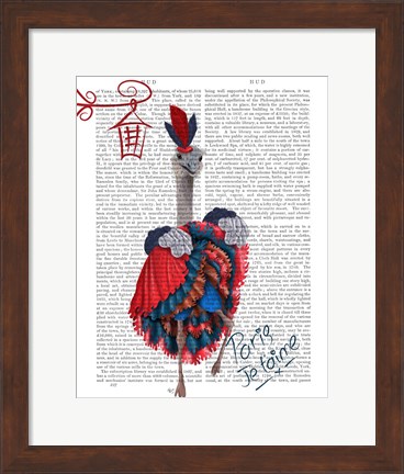 Framed Ostrich, Can Can in Red and Blue Print