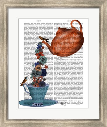 Framed Teapot, Cup and Flowers, Orange and Blue Print