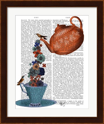 Framed Teapot, Cup and Flowers, Orange and Blue Print