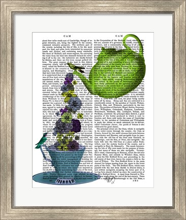 Framed Teapot, Cup and Flowers, Green and Blue Print