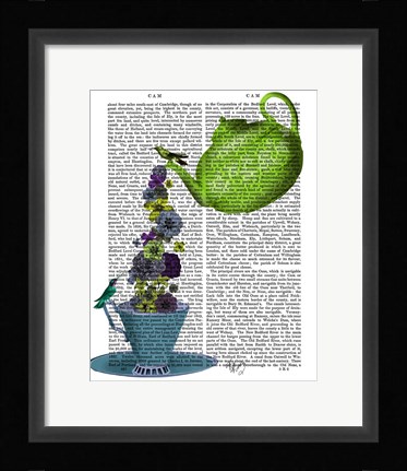 Framed Teapot, Cup and Flowers, Green and Blue Print