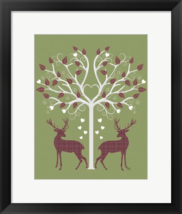 Framed Christmas Des - Deer and Heart Tree, Pink On Green Print