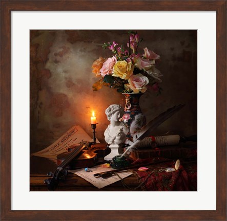 Framed Still Life With Bust And Flowers Print