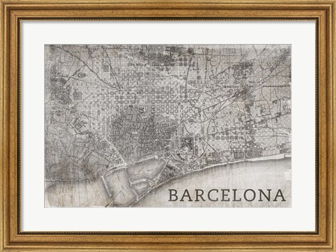 Framed Map Barcelona Beige Print