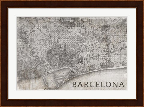 Framed Map Barcelona Beige Print