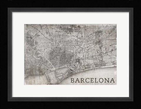 Framed Map Barcelona Beige Print
