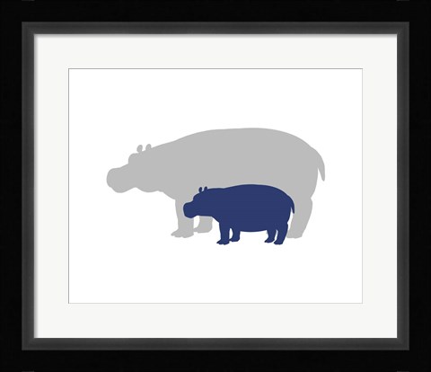 Framed Silhouette Hippo and Calf Navy Print