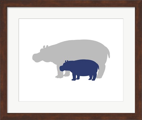 Framed Silhouette Hippo and Calf Navy Print
