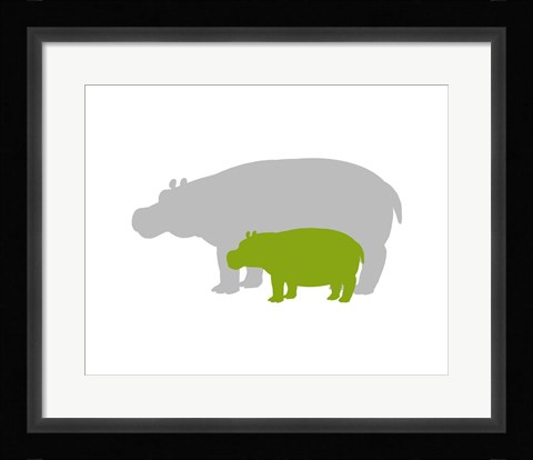 Framed Silhouette Hippo and Calf Green Print