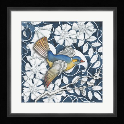 Framed Arts and Crafts Bird Indigo III Print