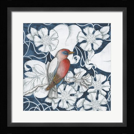 Framed Arts and Crafts Bird Indigo I Print