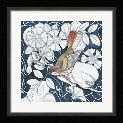 Framed Arts and Crafts Bird Indigo II Print