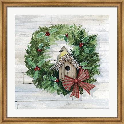 Framed Holiday Wreath III on Wood Print