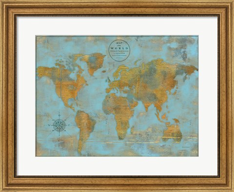 Framed Rustic World Map Sky Blue Print