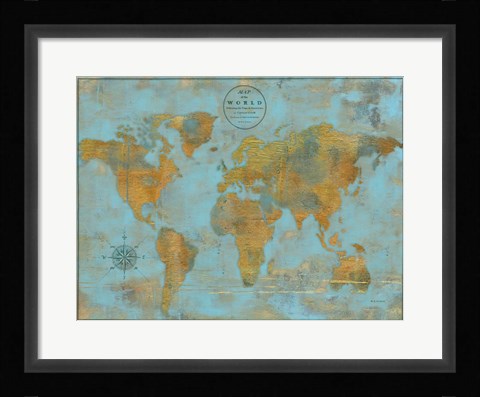Framed Rustic World Map Sky Blue Print