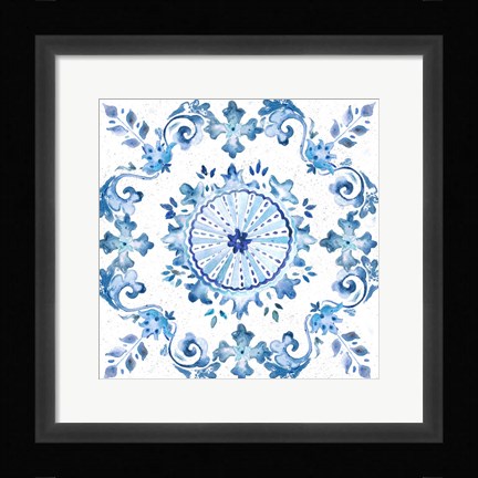Framed Artisan Medallions White/Blue I Print