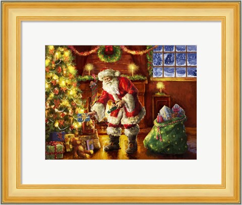 Framed Santa putting gifts under tree Print