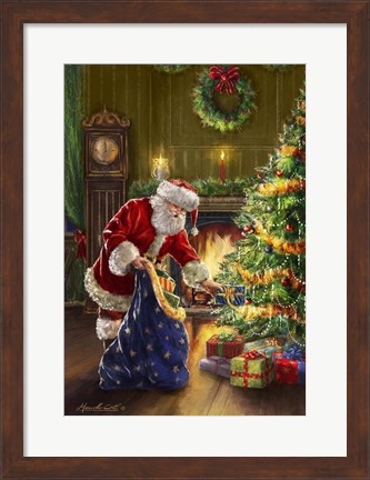 Framed Santa at Tree Blue Sack Print