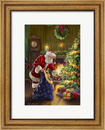 Framed Santa at Tree Blue Sack Print