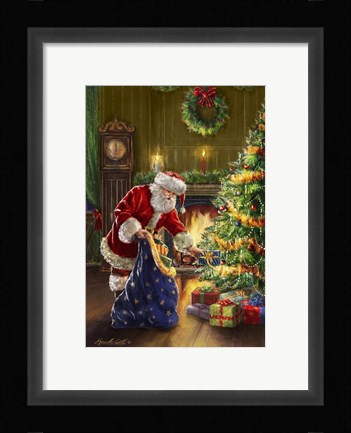 Framed Santa at Tree Blue Sack Print
