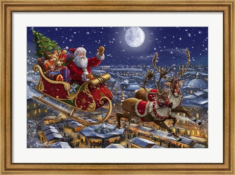 Framed Santa Sleigh and Reindeer in Sky Print