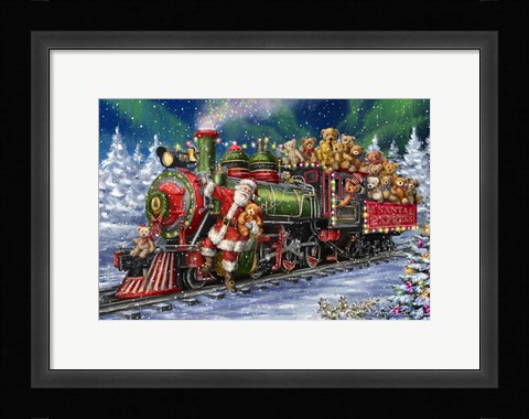 Framed Santa Green /Red Train with toy bears Print