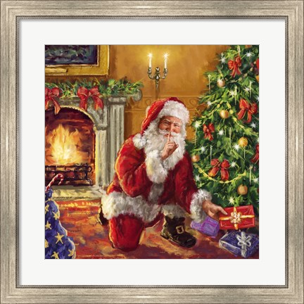 Framed Santa at tree with present Print