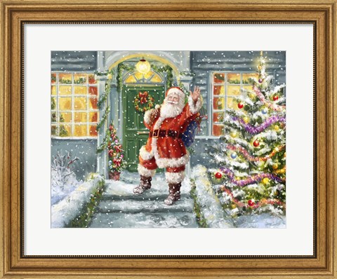 Framed Santa on Steps with green door Print