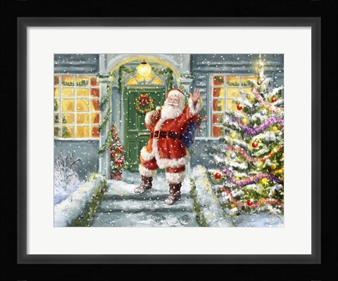 Framed Santa on Steps with green door Print
