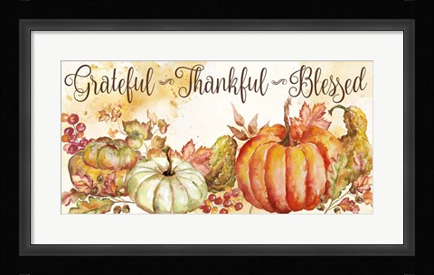 Framed Watercolor Harvest Pumpkin Grateful Thankful Blessed Print