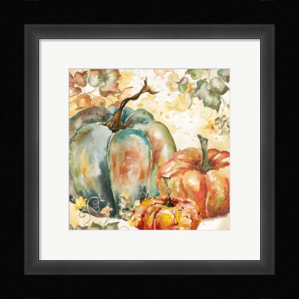 Framed Watercolor Harvest Teal and Orange Pumpkins I Print