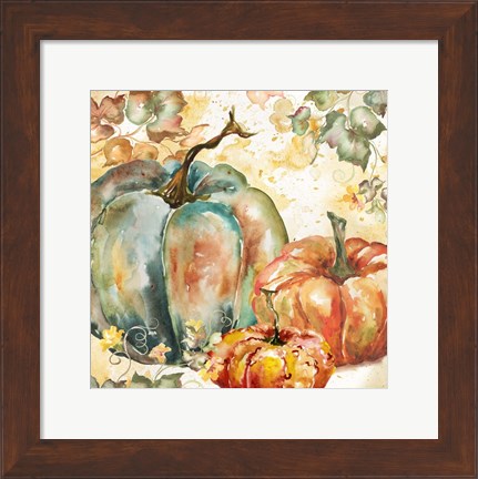 Framed Watercolor Harvest Teal and Orange Pumpkins I Print