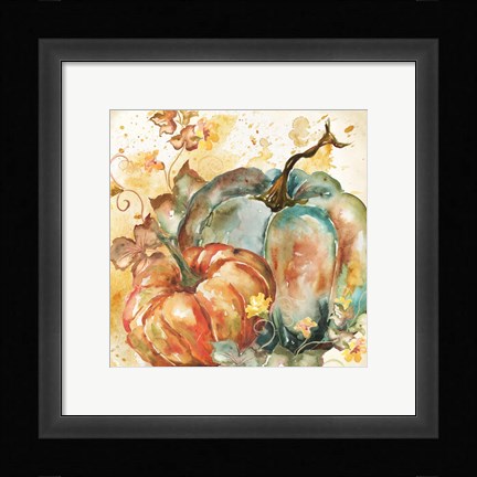 Framed Watercolor Harvest Teal and Orange Pumpkins II Print