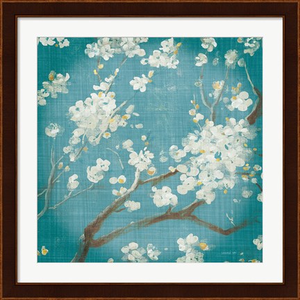 Framed White Cherry Blossoms I on Teal Aged no Bird Print