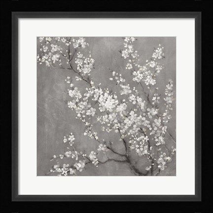 Framed White Cherry Blossoms II on Grey Crop Print