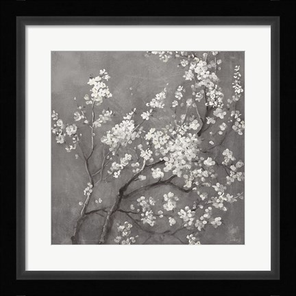Framed White Cherry Blossoms I on Grey Crop Print