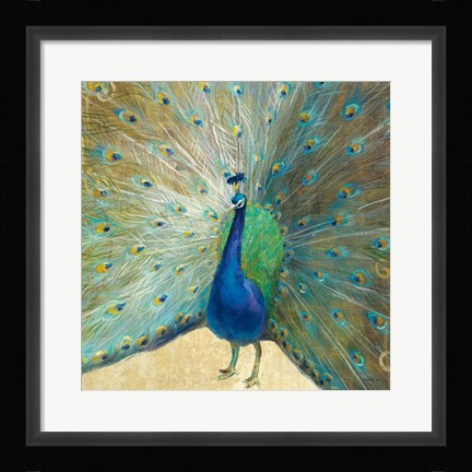 Framed Blue Peacock Cream Print
