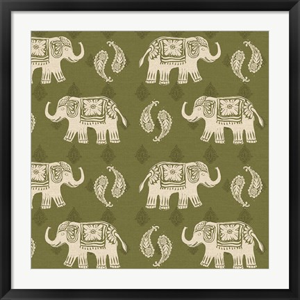 Framed Woodcut Elephant Patterns Print