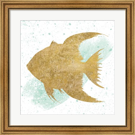 Framed Silver Sea Life Aqua Fish no Gold Splatter Print