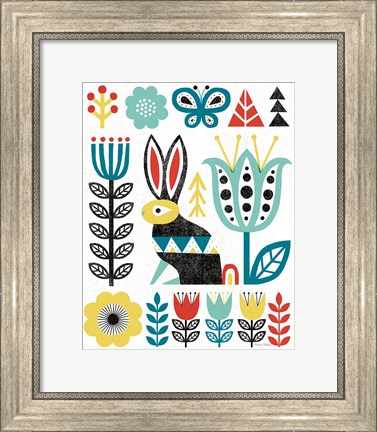 Framed Folk Lodge Rabbit V2 Teal Print