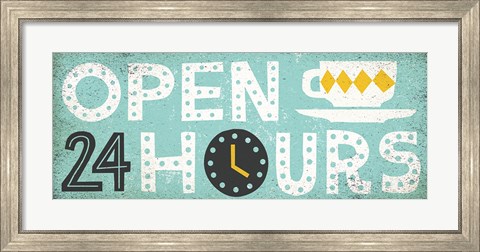 Framed Retro Diner Open 24 Hours Panel Print