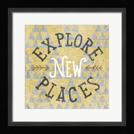 Framed Mod Triangles Explore New Places Gold Print