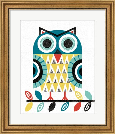 Framed Folk Lodge Owl V2 Teal Print