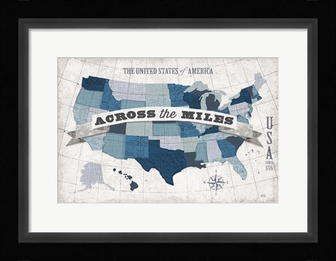 Framed USA Modern Vintage Blue Grey with Words Print