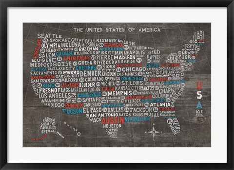 Framed US City Map on Wood Gray Print