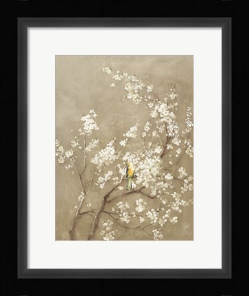 Framed White Cherry Blossom I Neutral Crop Bird Print