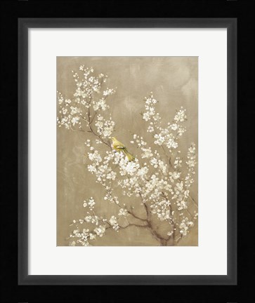 Framed White Cherry Blossom II Neutral Crop Bird Print