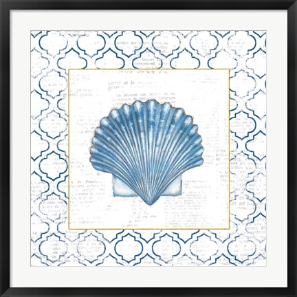Framed Navy Scallop Shell on Newsprint with Gold Print